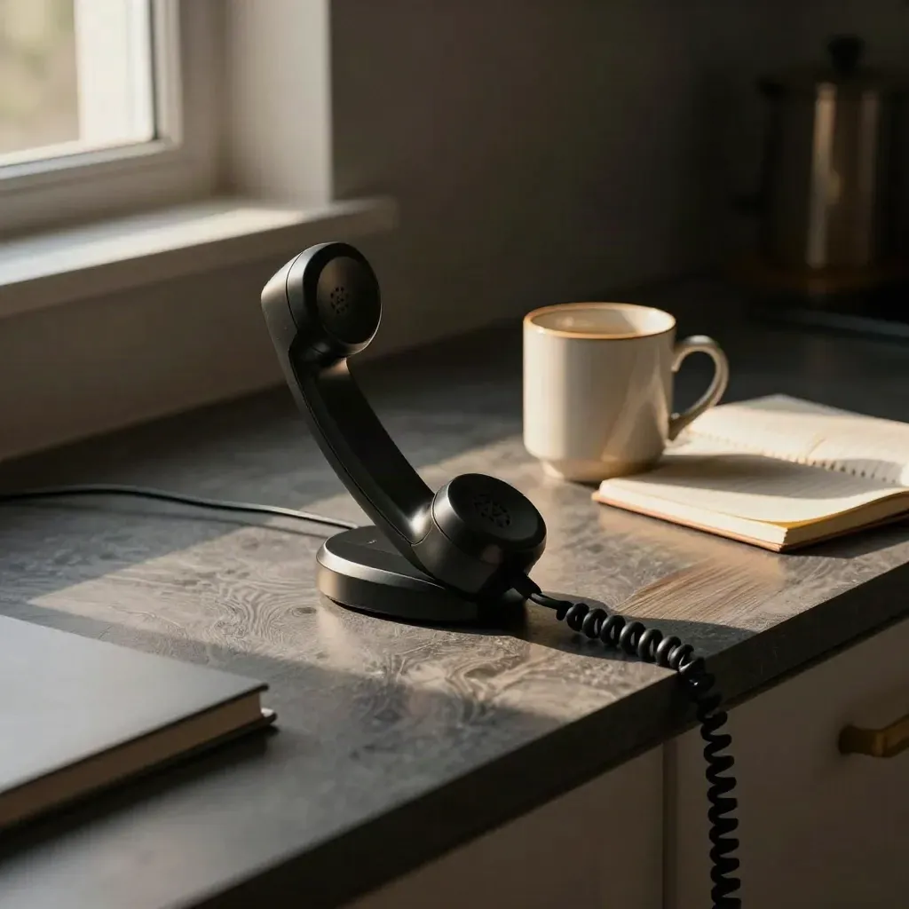 Ringing handset beside mug, notebook and cable on a dark kitchen sideboard