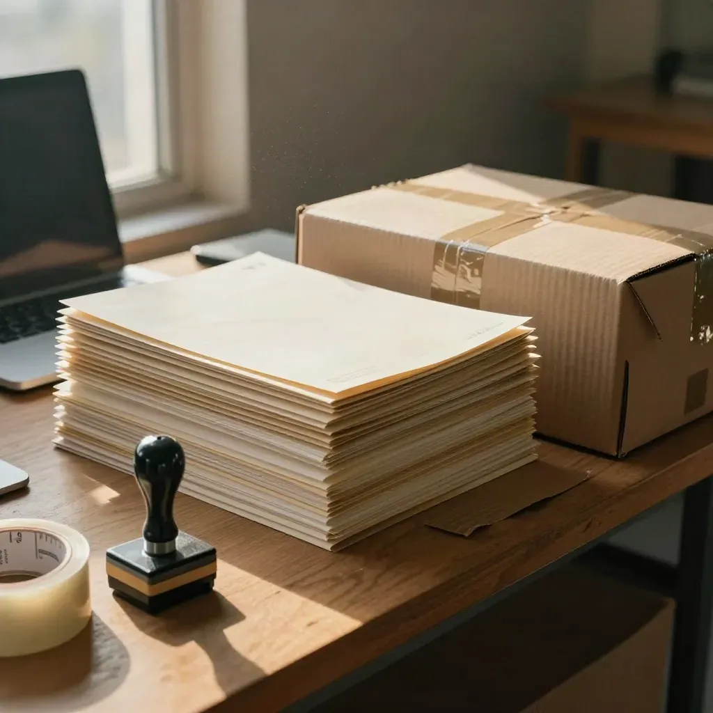 Workshop counter with folders, stamp, tape, laptop and parcels in early morning light.