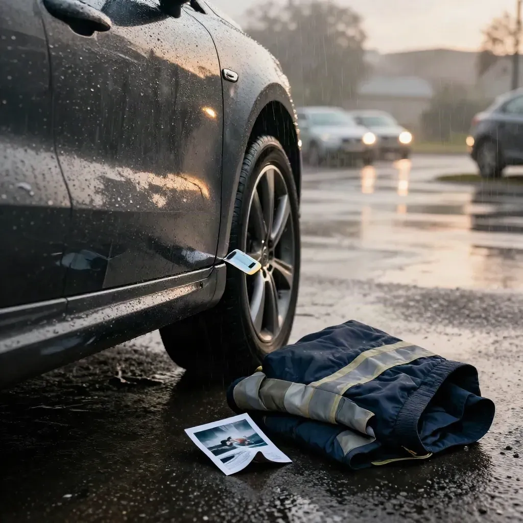 Rain-soaked car boot with dented wing, incident photos and folded hi-vis jacket in a misty car park.
