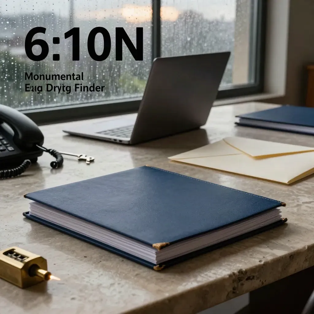 Rainy legal workspace with navy folders, laptop, phone, envelope and brass paperweight