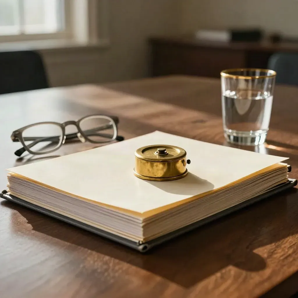 Legal review folder, brass paperweight, glasses and water glass on a walnut desk.