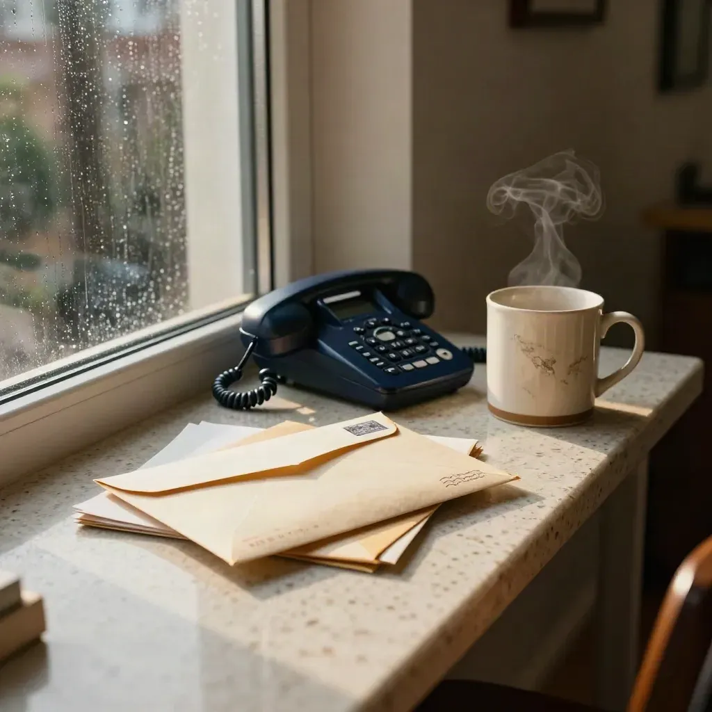 Reply envelope, ringing phone and chipped mug on a travertine table by a rain-streaked window.