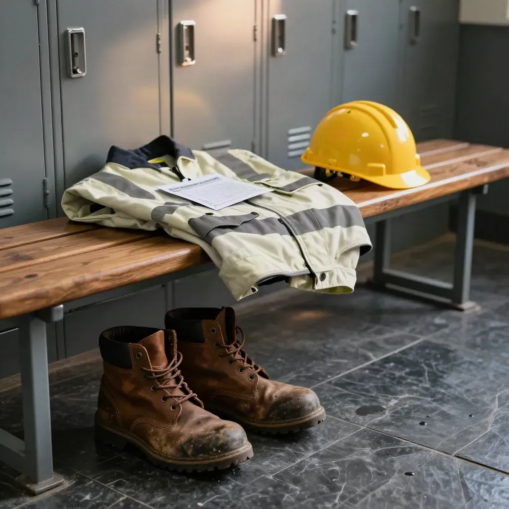Work boots, hi-vis jacket, hard hat and envelope on a locker-room bench in moody light.