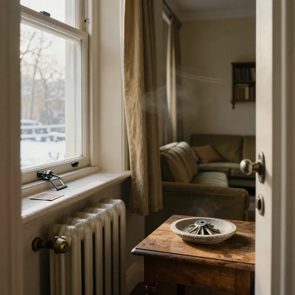 Winter-lit rental living room with broken latch, radiator valve, paint swatch and keys by the door.