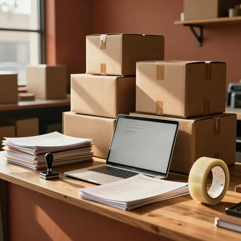 Closed laptop and shipping boxes on a small business counter in warm evening light.
