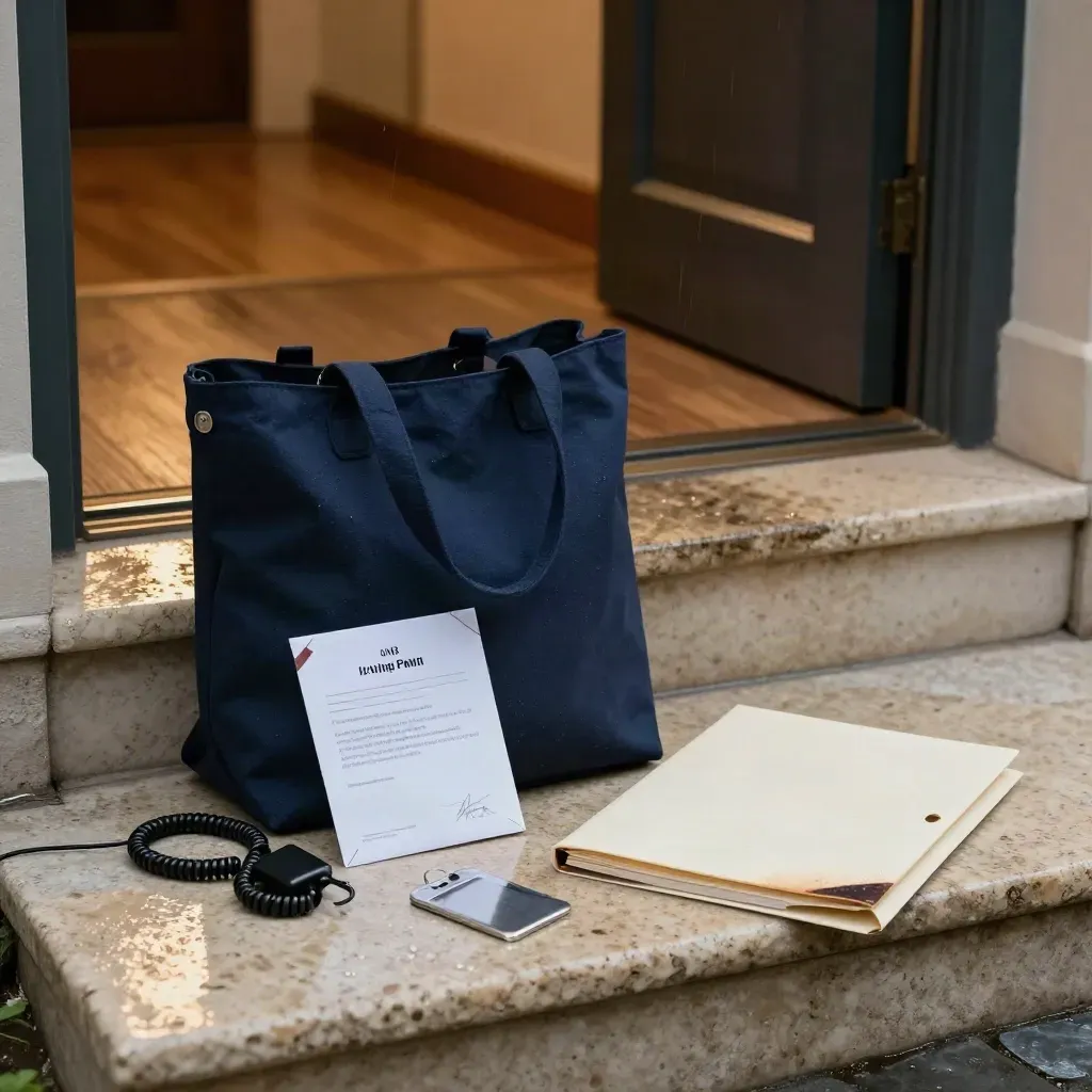 Rainy doorstep intake pack with tote, envelope, charger and ID sleeve at a legal threshold.