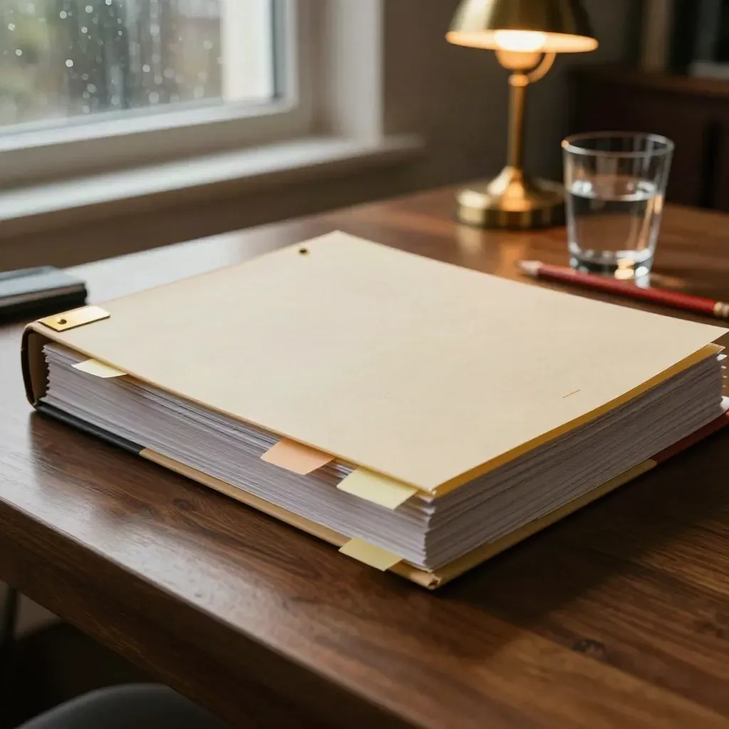 Legal review folder with gold tab, red pencil and water glass on a walnut table by a rainy window.