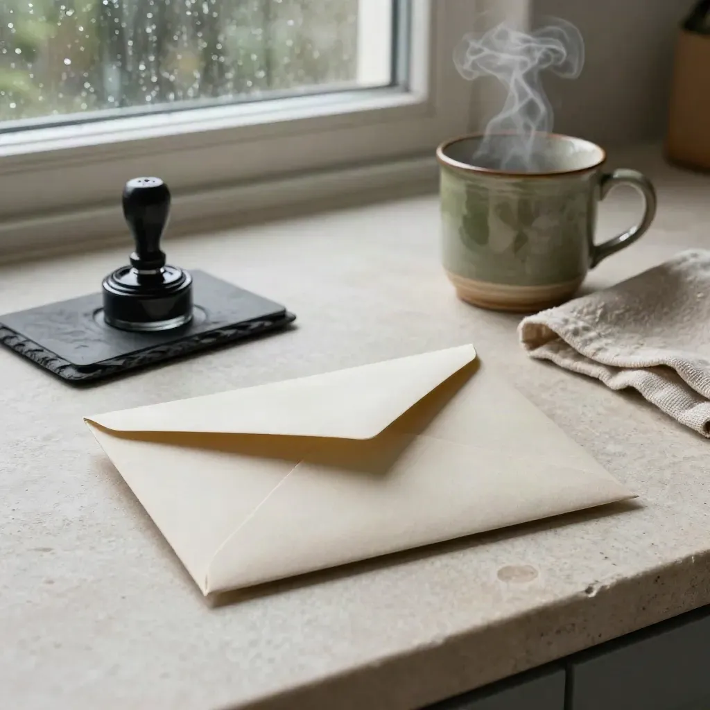 Rainy kitchen island with a sealed reply envelope, stamp pad, mug and folded cloth