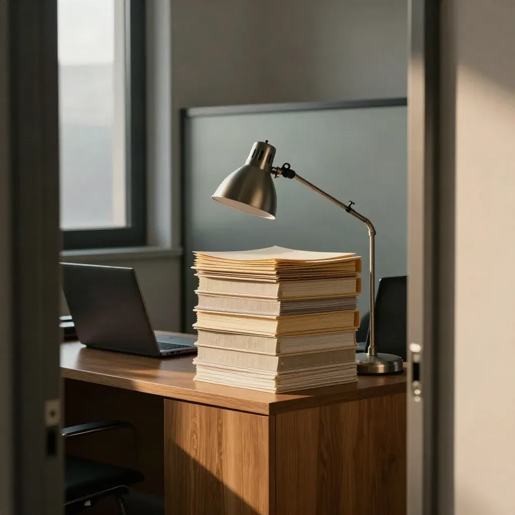 Low doorway view of a small legal office with closed laptops, case folders and a lit desk lamp.