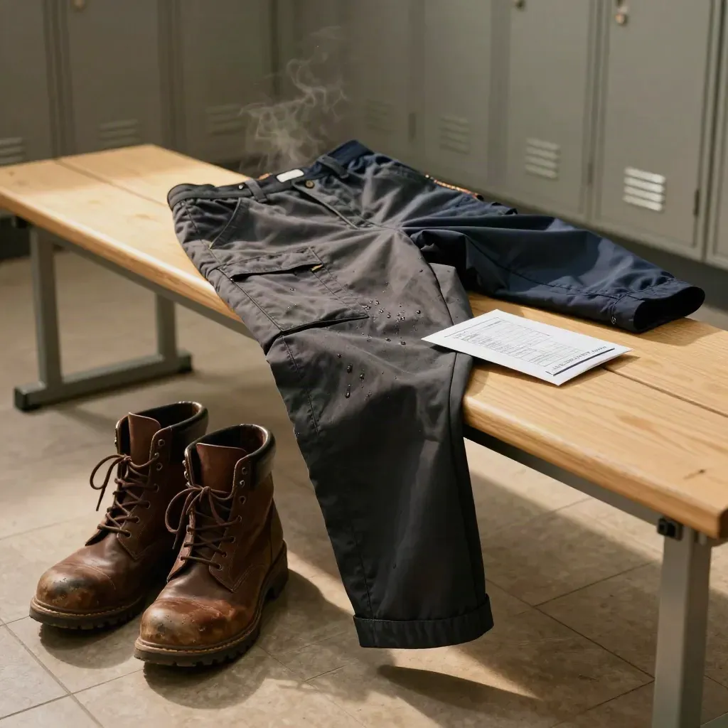 Work boots, folded trousers and payroll envelope on a locker-room bench after shift