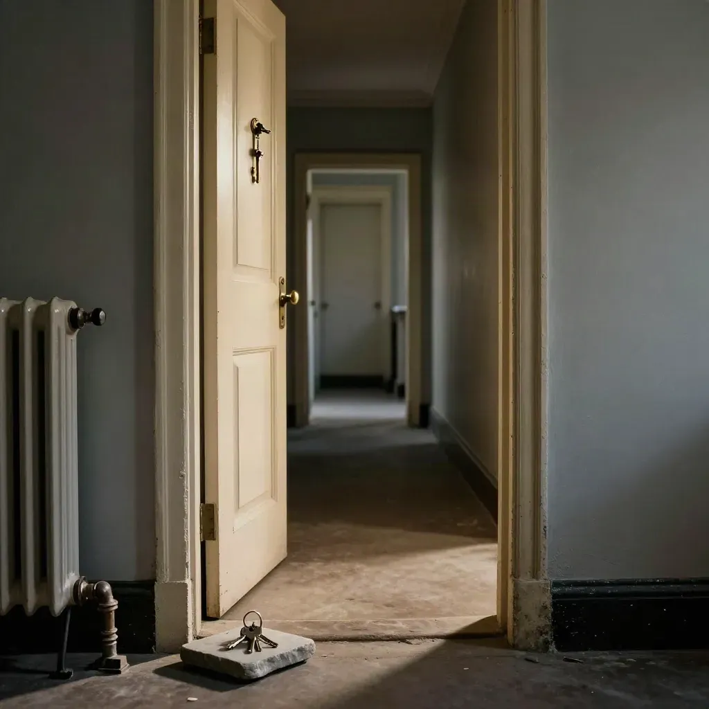 Chipped doorway, broken latch, radiator pipe and keys on a stone tray in a narrow corridor.