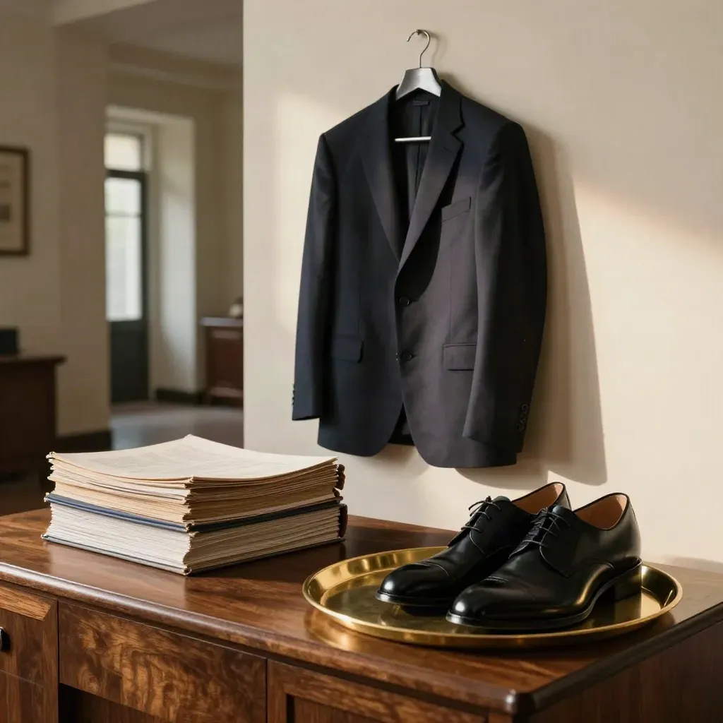 Legal files, suit hanger, polished shoes and brass tray on a dark hall console at dawn.