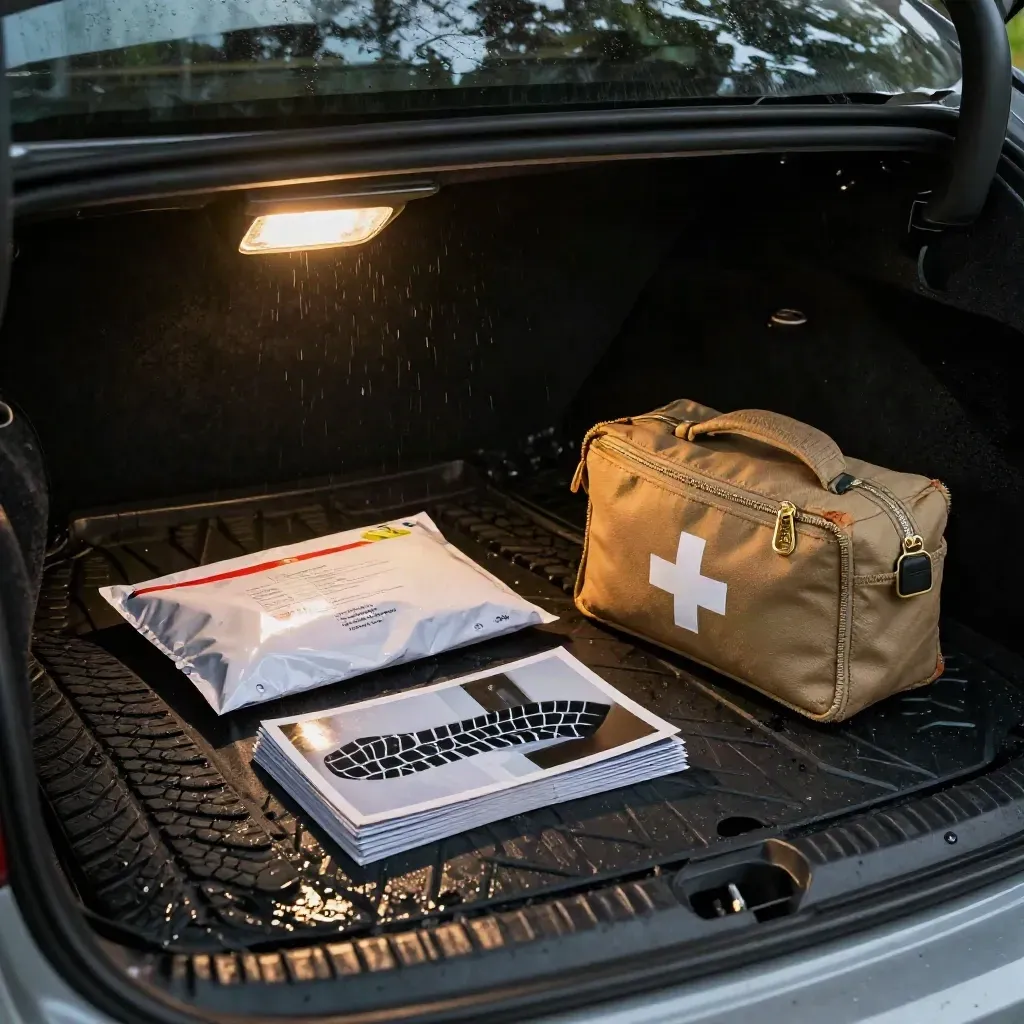 Rain-slick car boot with evidence envelope, tyre tread prints and first-aid kit