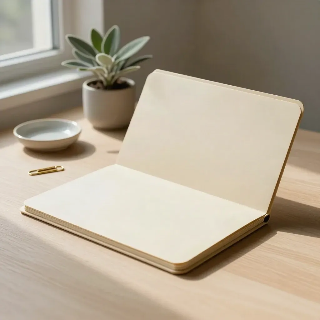 Ivory case-review folder with brass paperclip, dish and plant on pale wood.