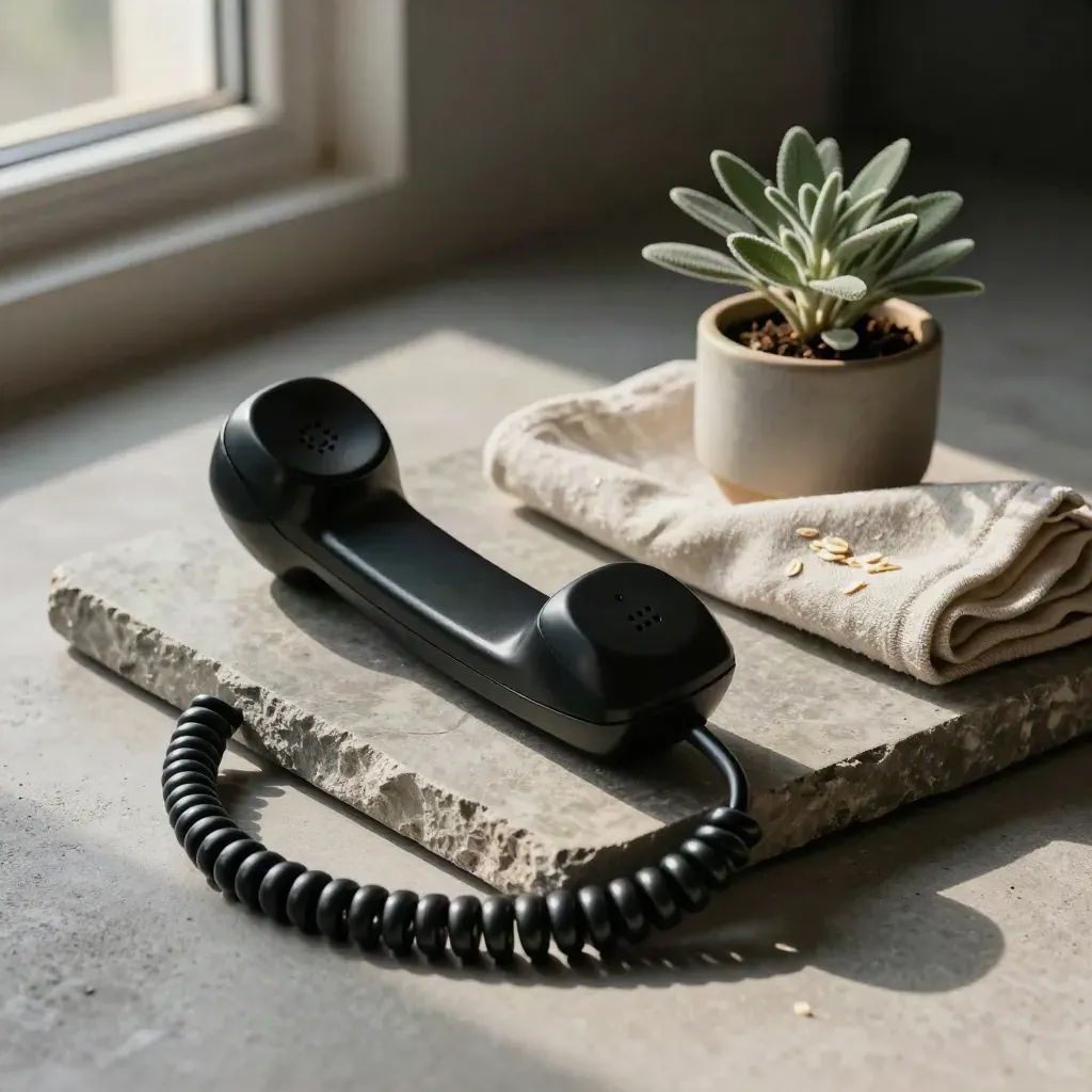 Black handset on stone tray with folded cloth and small plant in soft window light.