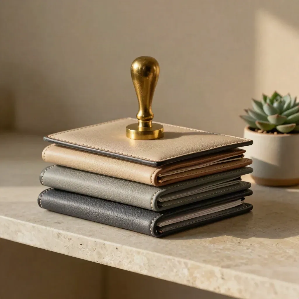 Neutral file wallets, brass stamp, and succulent on a pale stone shelf in soft afternoon light.