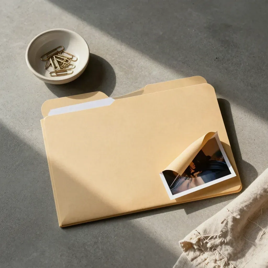 Overhead legal evidence folder with paper clips, cloth and face-down photo on concrete